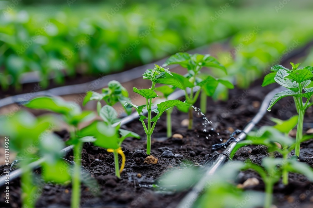 Sustainable Farming: Close-Up of Genetically Modified Plants with Drip Irrigation and Mulch Sustainable Farming: Close-Up of Genetically Modified Plants with Drip Irrigation and Mulch