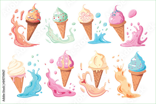 Set of delicious ice cream, isolated on a white background. A set of delectable cutout ice cream explosions. Delicious ice cream explosion, cut out.
