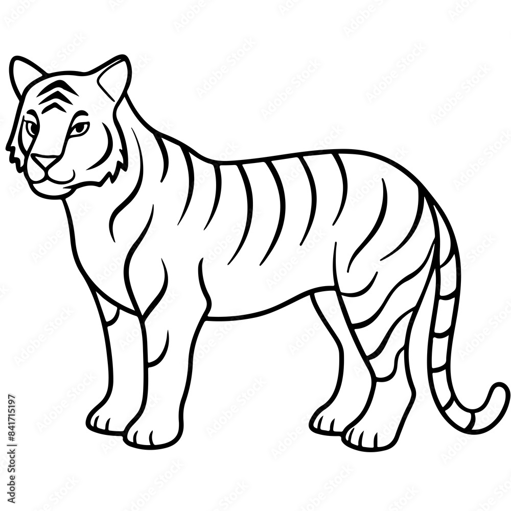 Fototapeta premium tiger portrait full body cartoon outline line art coloring page, isolated on transparent background