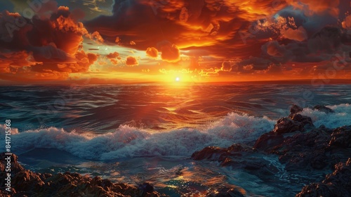 Vivid sunset over rocky ocean