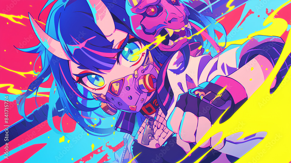 cyberpunk anime girl oni mask mascot neon rainbow background cyberpunk anime girl oni mask mascot neon rainbow background