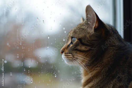 Closeup of a thoughtful cat gazing outside a window with raindrops