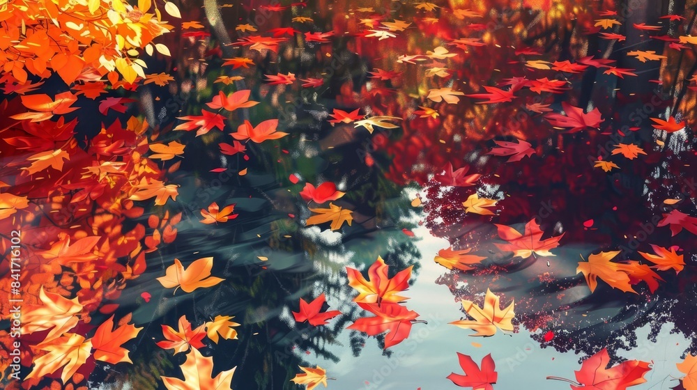 colorful autumn leaves floating in pond fall season reflection ai generated illustration colorful autumn leaves floating in pond fall season reflection ai generated illustration