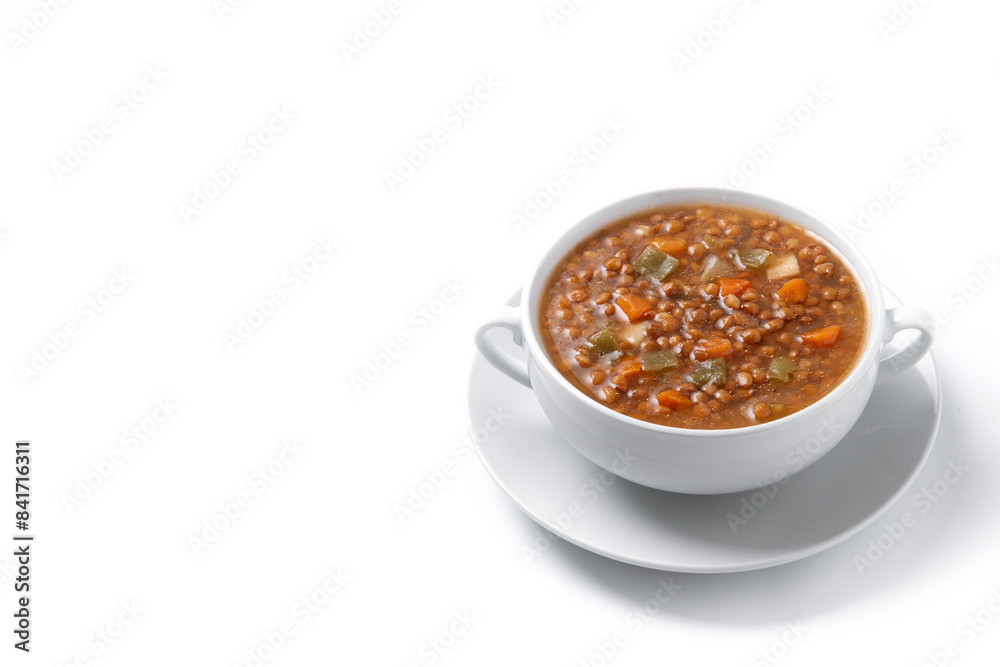Lentil soup with vegetables in bowl isolated on white background. Copy space Lentil soup with vegetables in bowl isolated on white background. Copy space