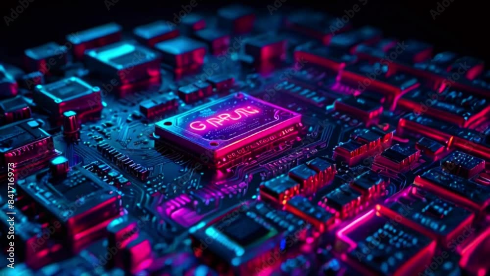 A close-up of a computer chip . The chip is glowing purple and there are blue and red circuit lines around it. A close-up of a computer chip . The chip is glowing purple and there are blue and red circuit lines around it.
