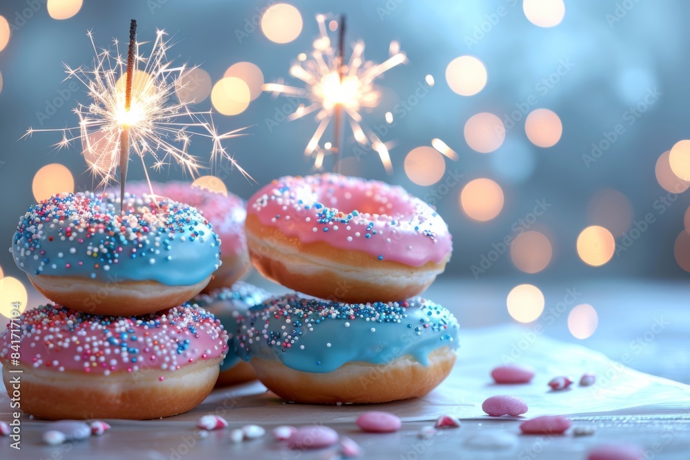 Festive donuts with sparklers and bokeh lights Festive donuts with sparklers and bokeh lights