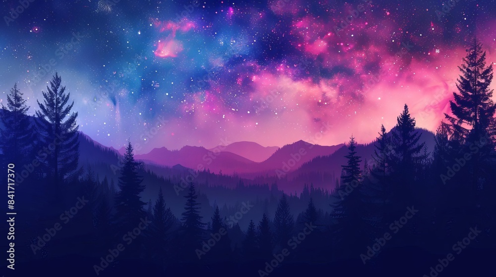 Fototapeta premium cosmic violet and pink starry sky over silhouette forest landscape ai generated hd phone wallpaper
