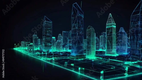 A digital representation of a city with skyscrapers, made of glowing blue and green lines on a black background. photo