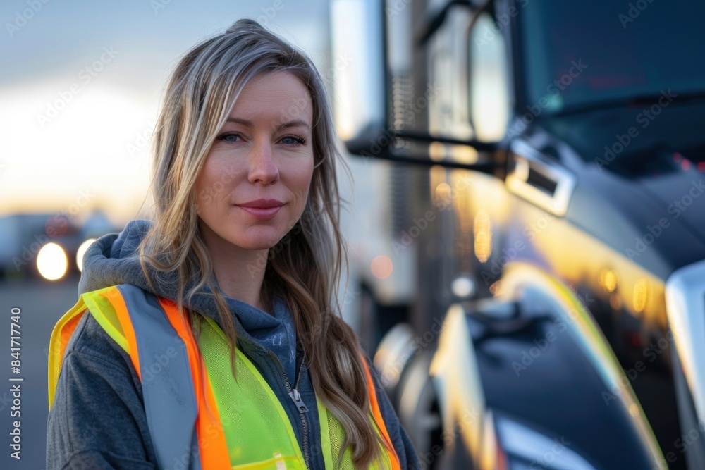 Caucasian female truck driver in reflective safety gear, standing by her truck during early morning, looking confident and professional. Caucasian female truck driver in reflective safety gear, standing by her truck during early morning, looking confident and professional.