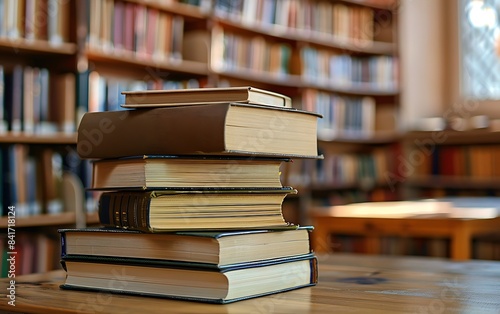 Photo of a stack of books in the foreground with blurred bookshelves and library interior background © Noor