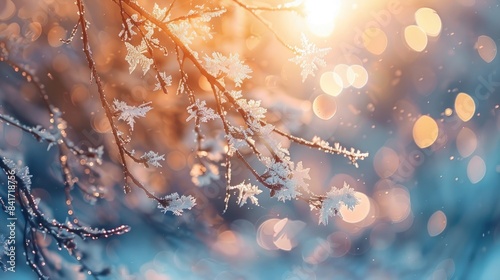 Abstract blurred background of snow and ice crystals melting on a tree branch in the sunlight with bokeh