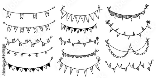 Bunting garland happy birthday celebration doodle scrapbook divider  decoration with flags anniversary party.