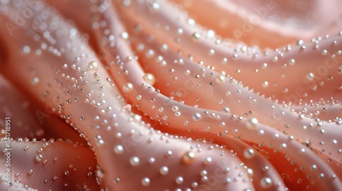 Close Up of Peach Satin Fabric With Pearl Beads
