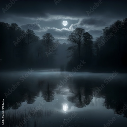 Swamp lake under the mysterious cloak of night, silhouette of dense trees surrounding the still water reflecting only faint glimmers of the moon's light, fog creeping above the lake