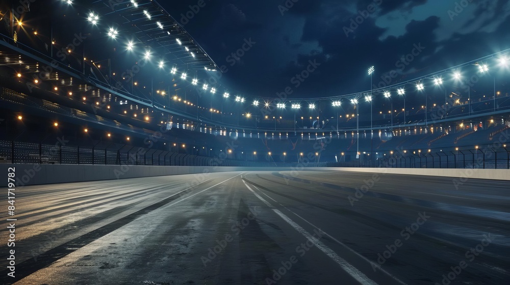 electrifying race arena speedway track with grandstands and spotlights 3d rendering