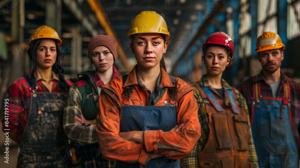 Group of confident female workers in safety gear standing together in an industrial setting, showcasing teamwork and empowerment. Group of confident female workers in safety gear standing together in an industrial setting, showcasing teamwork and empowerment.