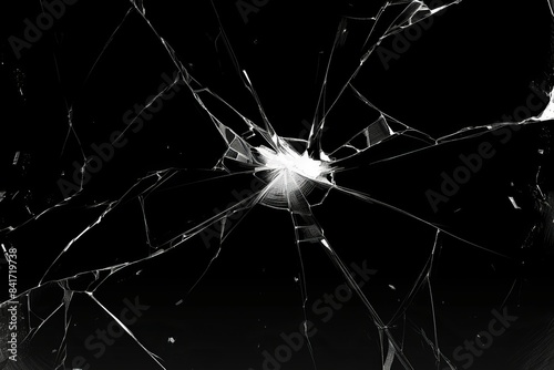 A stark black and white digital illustration depicts a shattered screen, the cracks rendered in meticulous detail, creating a sense of a fractured reality