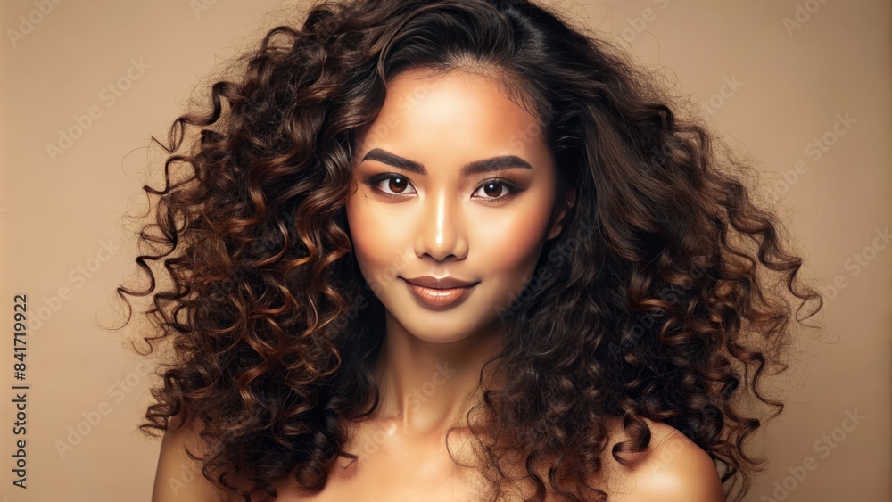 Fototapeta premium Vibrant isolated beige background featuring a stunning close-up portrait of a flawless asian beauty with luscious curly locks and radiant glowing skin.