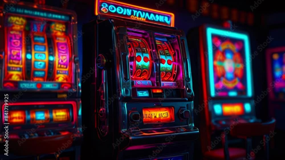 Video slot machines in a dark room. The machines are lit up with bright lights and have various symbols on the reels, such as fruits, bells, and sevens. Video slot machines in a dark room. The machines are lit up with bright lights and have various symbols on the reels, such as fruits, bells, and sevens.