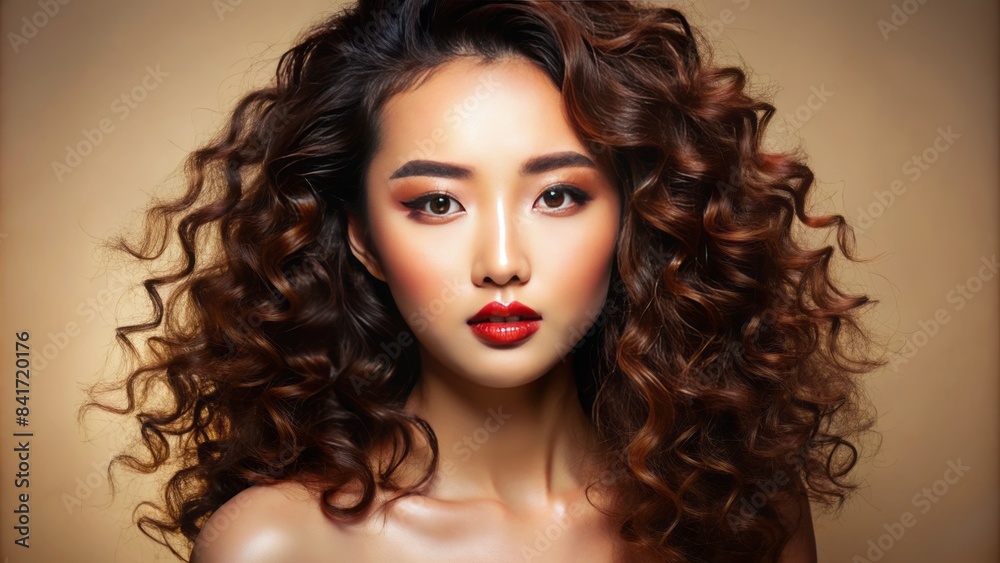 Fototapeta premium Vibrant portrait of a stunning asian beauty with luscious curly hair, flawless korean-inspired makeup, and radiant glowing skin, set against a soft beige isolated background.