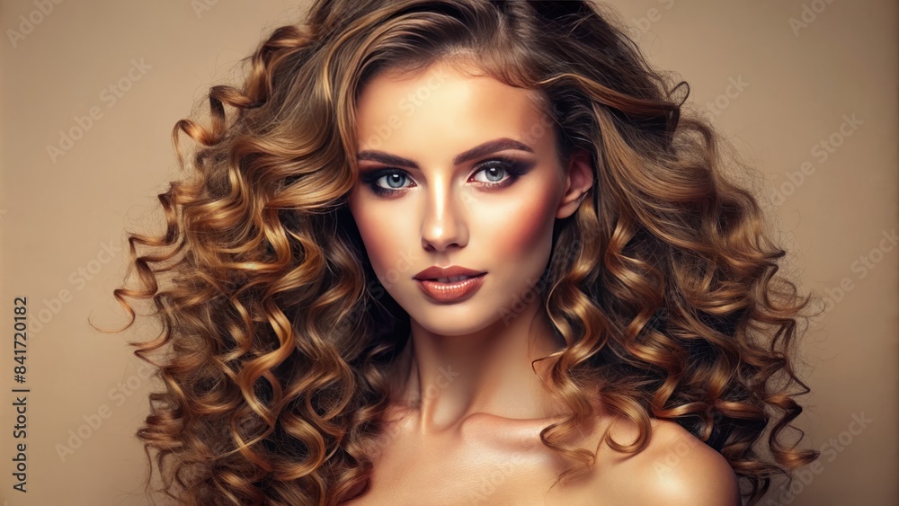 Fototapeta premium Vibrant beige background showcases stunning cosmetic beauty standards, exemplified by flawless glowing skin, luscious curly locks, and impeccable makeup artistry.