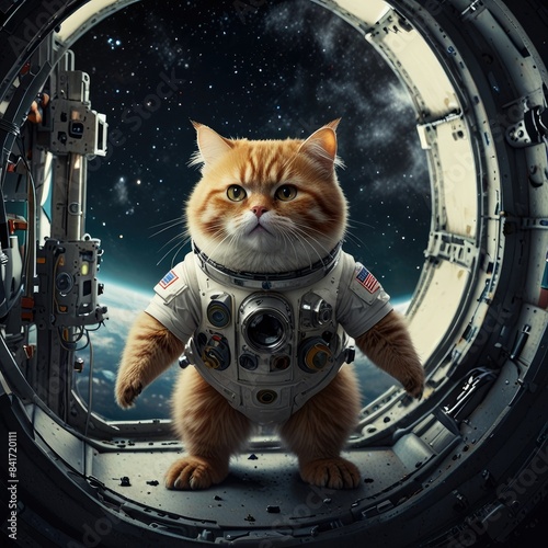 a cat in a space suit with the words  space  on the side.
