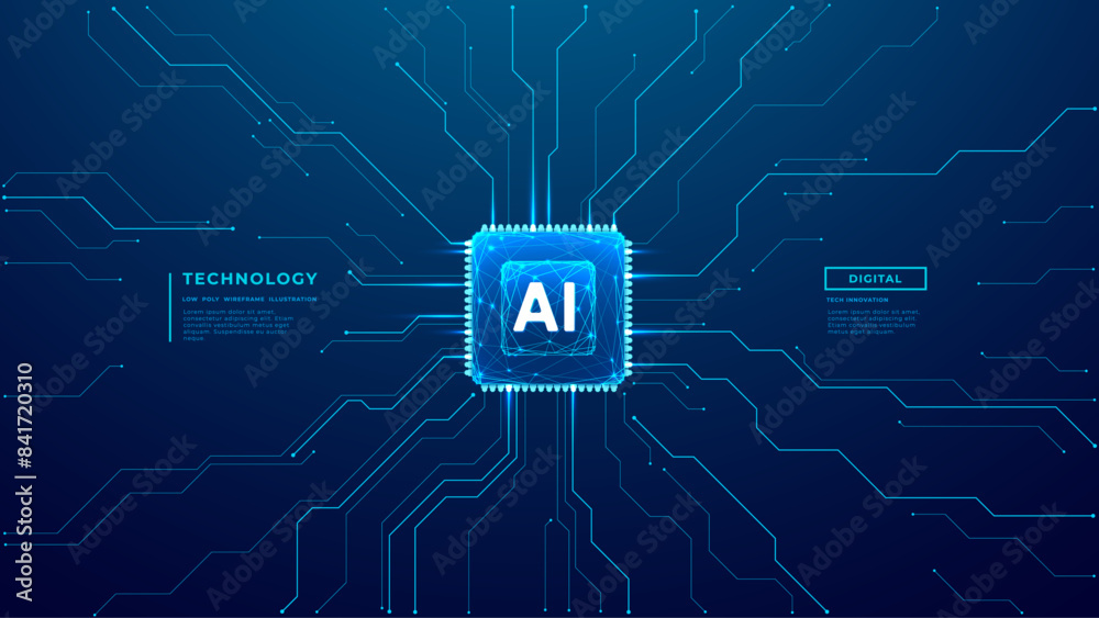Fototapeta premium AI chip background on technology blue background. Circuit board. Ai Tech bg. Artificial intelligence concept. Vector polygonal wireframe illustration. Free text space. Semiconductor or CPU processor.