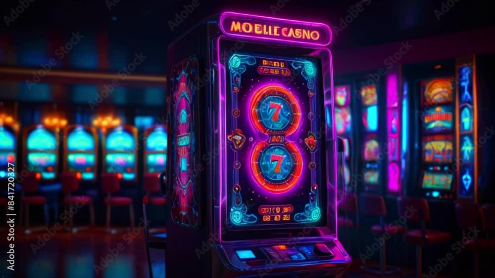 Video a glowing screen is in the center of the image. There are other slot machines in the background. The room is dark and there is a purple glow on the floor Video a glowing screen is in the center of the image. There are other slot machines in the background. The room is dark and there is a purple glow on the floor