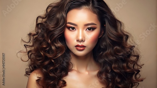Flawless asian-inspired beauty concept featuring radiant glowing skin, luscious curly hair, and stunning makeup against a serene beige background.