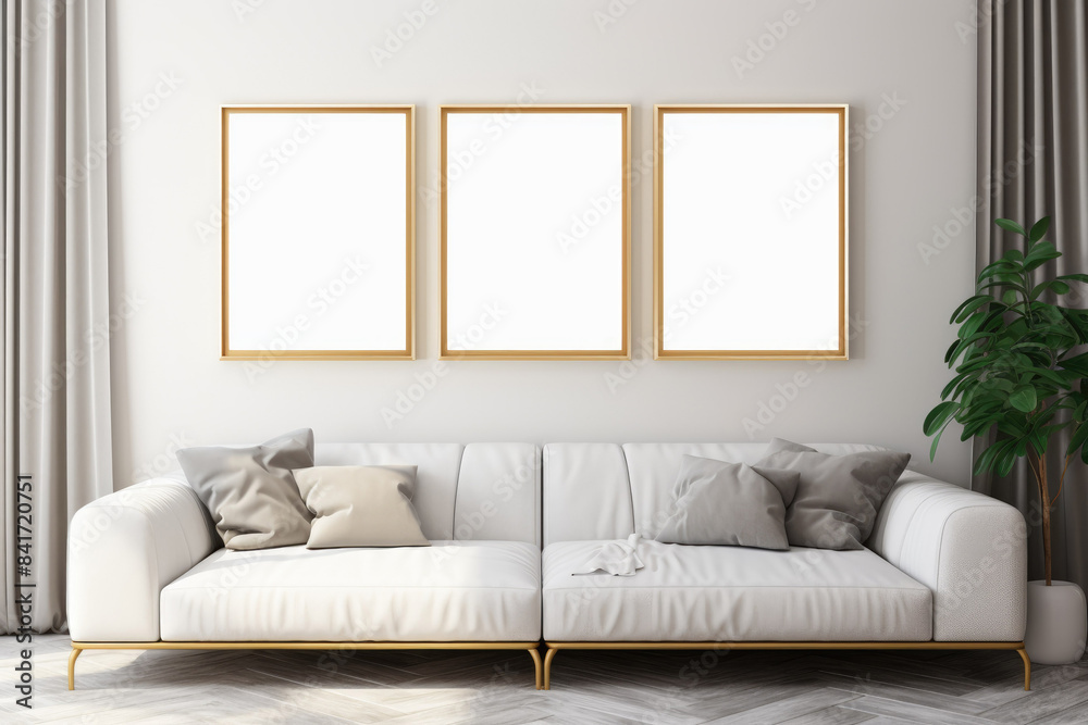 Fototapeta premium Elegant Minimalist Living Room with Armchairs and Blank Frames