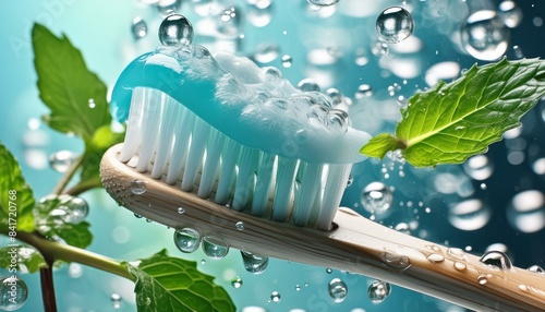 erfrischende Pfefferminz zahncreme auf eine Zahnbürste unter Wasser. photo