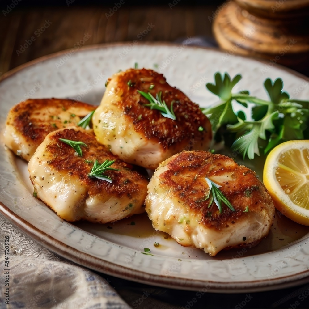 Chicken cutlets images fried chicken with lemon, tomatoes and onion Chicken cutlets images fried chicken with lemon, tomatoes and onion