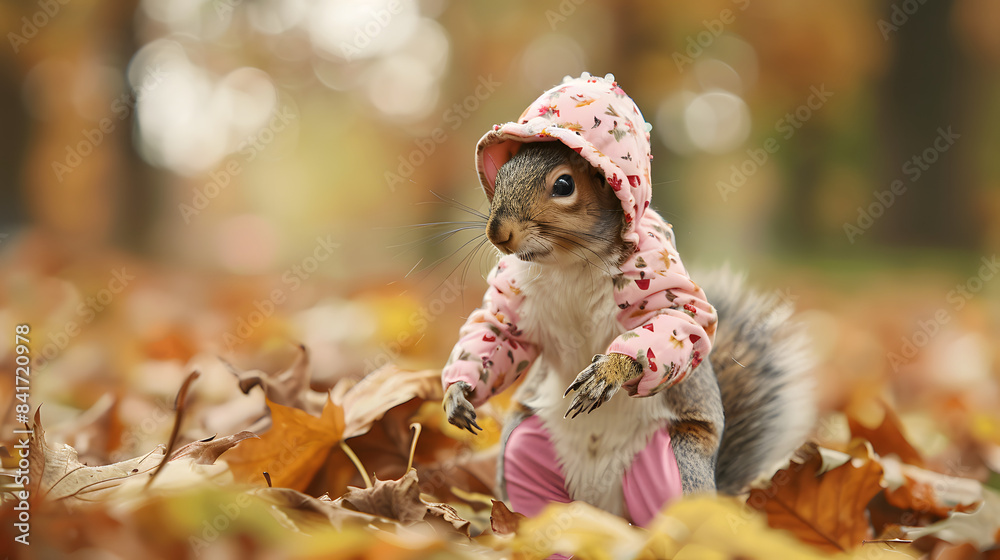 A charming little squirrel adorning a bygone bonnet. Geometric-patterned jacket. And pink joggers is standing on the leaves. full body shot A charming little squirrel adorning a bygone bonnet. Geometric-patterned jacket. And pink joggers is standing on the leaves. full body shot