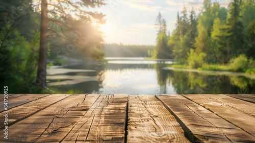 empty wooden table top with blurred summer forest and lake background serene natural landscape high quality photo © Bijac