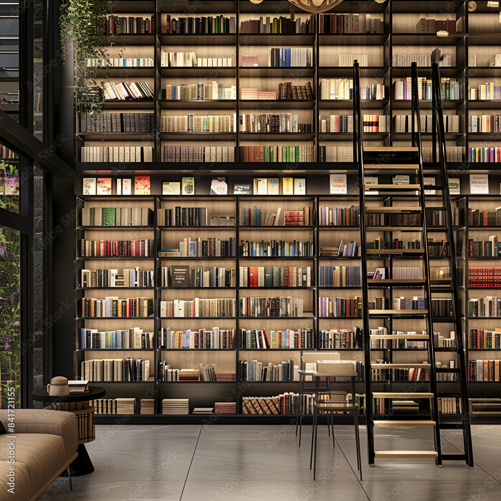 Fototapeta premium Efficient High-Shelf Access with Sliding Ladder in Small Spaces