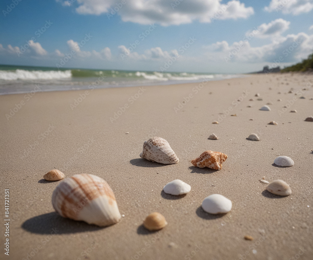 Beach landscape with shells and white clouds. Generative AI
