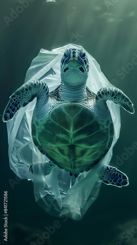 Sea turtle trapped in plastic bag swimming in polluted ocean water photo