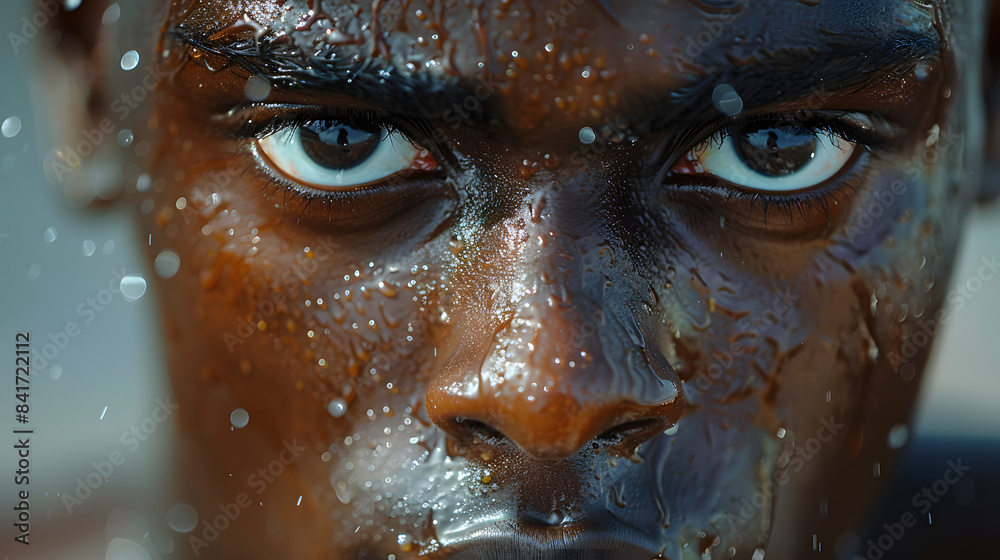 A close-up shot of an African male track and field runner with black skin. sweat running down his face 