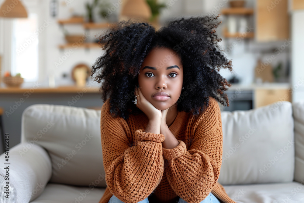 Young black woman feeling sad while sitting on sofa at home Young black woman feeling sad while sitting on sofa at home