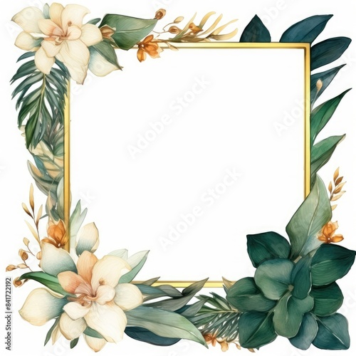 Botanical Floral Frame with Tropical Leaves and Flowers