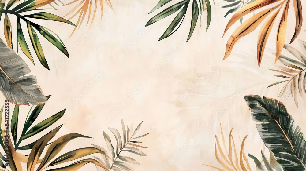 exotic tropical leaves and palm branches in beige watercolor design creating a lush botanical arrangement exotic tropical leaves and palm branches in beige watercolor design creating a lush botanical arrangement