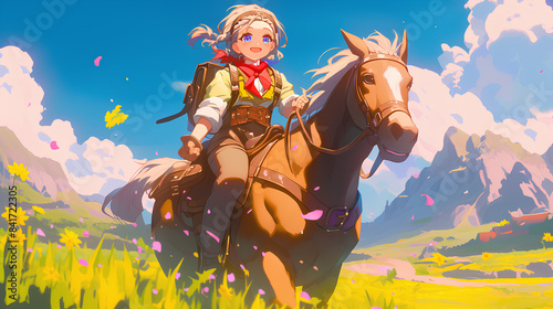girl is riding a horse in a wide and beautiful field, anime style © Adja Atmaja
