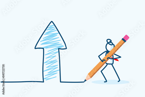 businessman stick figure character drawing arrow up of business profit growth, increased sales income, career promotion development, returns investment concept. hand drawn vector doodle illustration