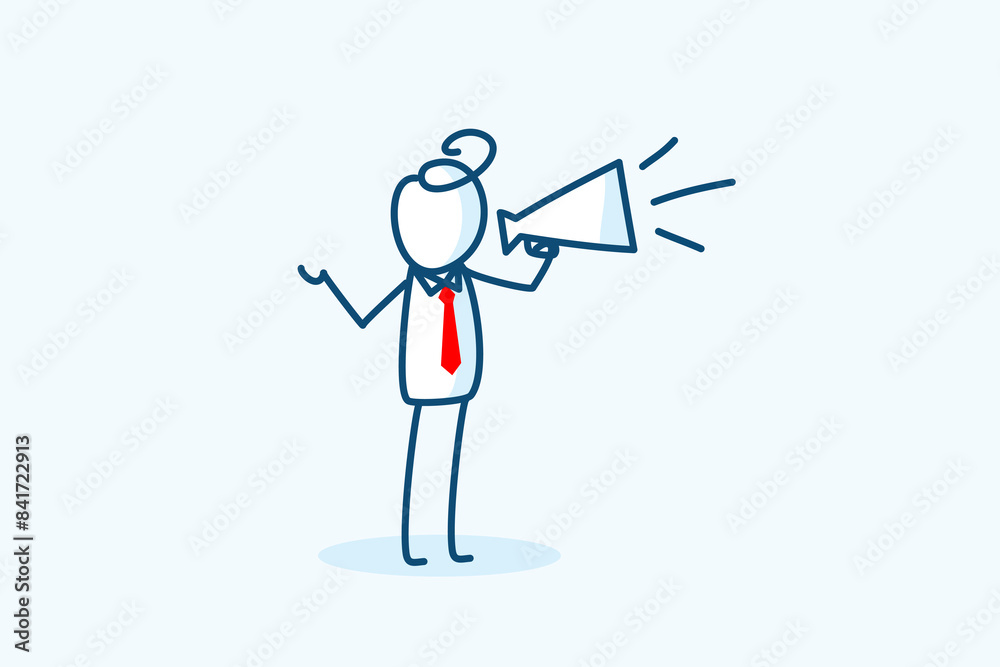 businessman stick figure character speaking through megaphone. salesman or manager using loudspeaker to spread news, sales, announcement and advertisement. hand drawn style vector doodle illustration businessman stick figure character speaking through megaphone. salesman or manager using loudspeaker to spread news, sales, announcement and advertisement. hand drawn style vector doodle illustration
