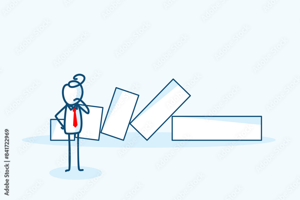 businessman stick figure character analyze declining collapsing domino bar graph effect. Business loss, investment forecast recession, negative return concept. hand drawn style doodle illustration businessman stick figure character analyze declining collapsing domino bar graph effect. Business loss, investment forecast recession, negative return concept. hand drawn style doodle illustration