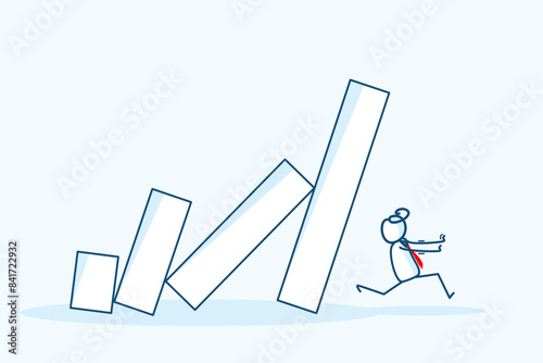 businessman stick figure character run away from collapsing domino bar graph effect. avoid financial crisis and business chain danger reaction. hand drawn style vector doodle illustration