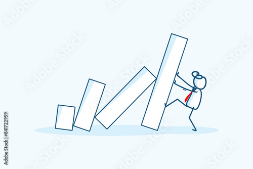 businessman stick figure character holding trying to stops falling domino effect. Crisis management, economic collapse metaphor, surviving business concept. hand drawn style vector doodle illustration