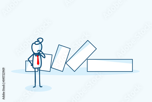 businessman stick figure character analyze declining collapsing domino bar graph effect. Business loss, investment forecast recession, negative return concept. hand drawn style doodle illustration