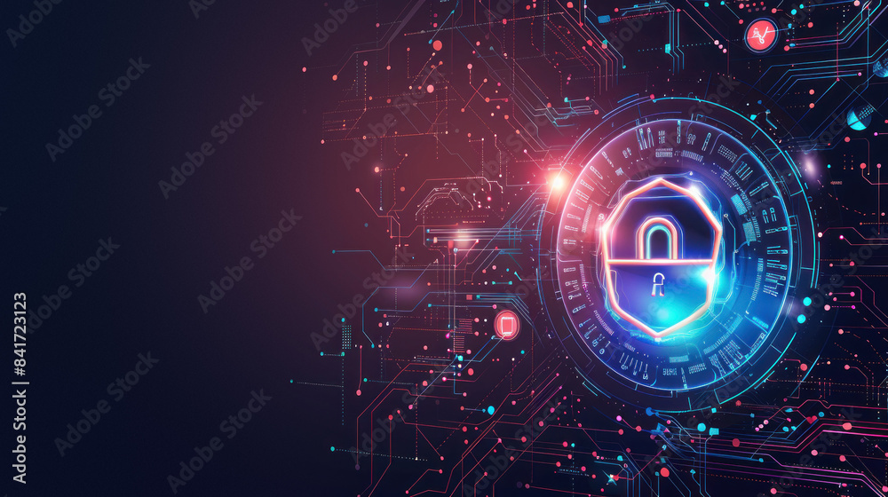 Cybersecurity concept with neon padlock icon