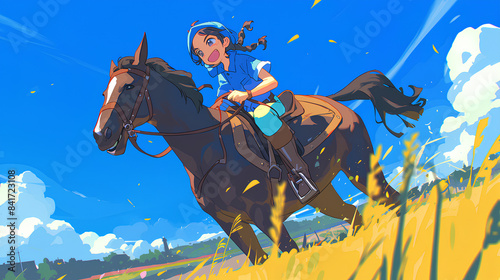 girl is riding a horse in a wide and beautiful field, anime style